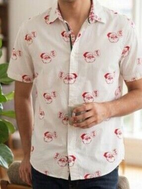 Denim & Flower White Short-Sleeve Button-Up Shirt with Red Santa Print size M